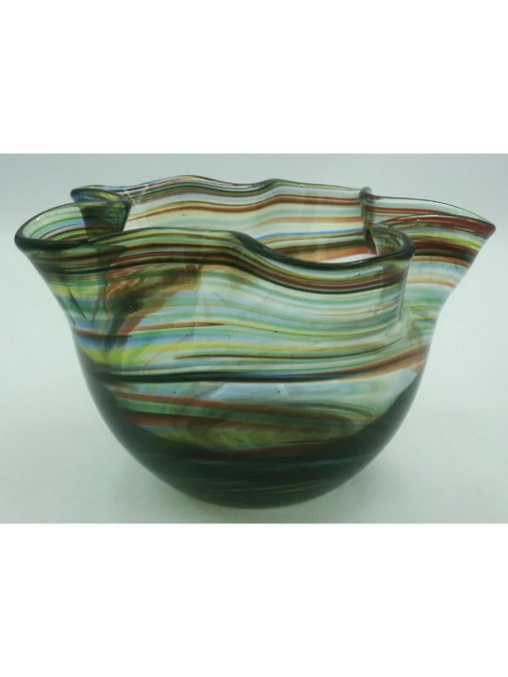 Hand Blown Art Glass Handkerchief Bowl Rainbow Swirl Ruffled  Edge Bowl